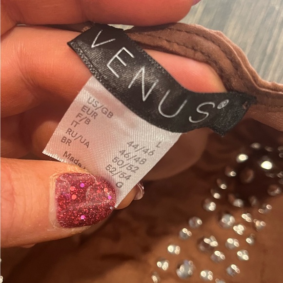 Venus Western Smocked Sleeveless Mini Tier Dress Satin Studded Brown Size 44 - Picture 5 of 6